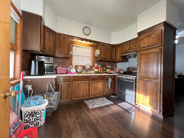 kitchen with stainless steel range with gas cooktop, backsplash, dark hardwood / wood-style flooring, and sink