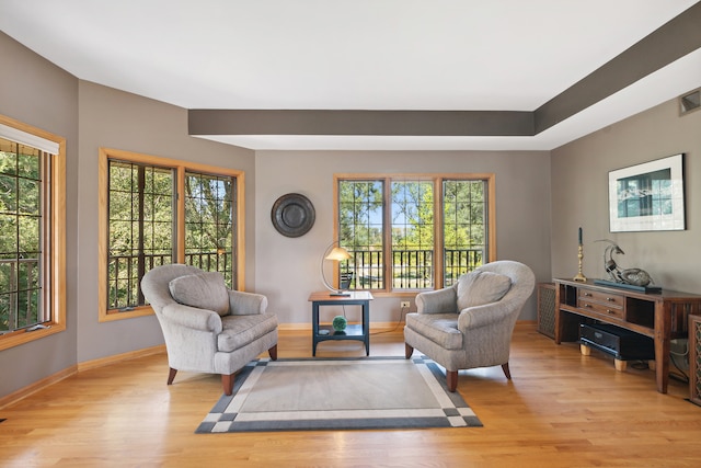 sitting room with plenty of natural light and light hardwood / wood-style floors