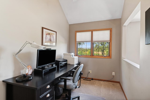 office area with carpet and lofted ceiling