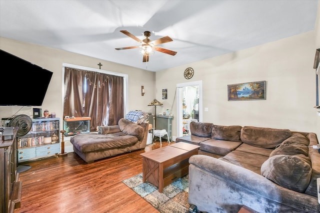 living room with ceiling fan and hardwood / wood-style floors