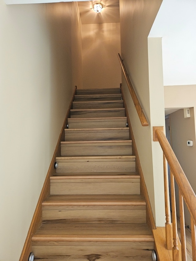 staircase with hardwood / wood-style flooring