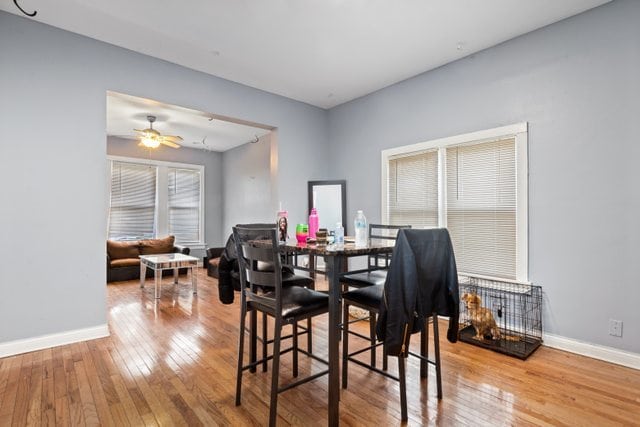 dining room with light wood-type flooring and ceiling fan