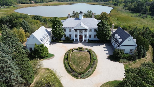 aerial view featuring a water view