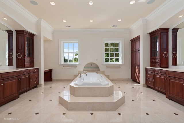 bathroom featuring vanity, tiled bath, and ornamental molding