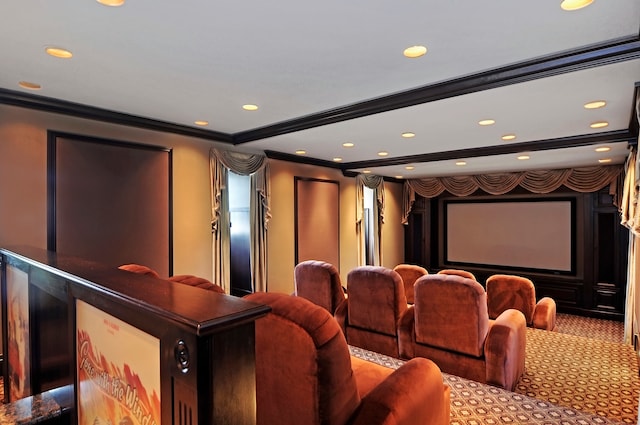 cinema room featuring light carpet and ornamental molding