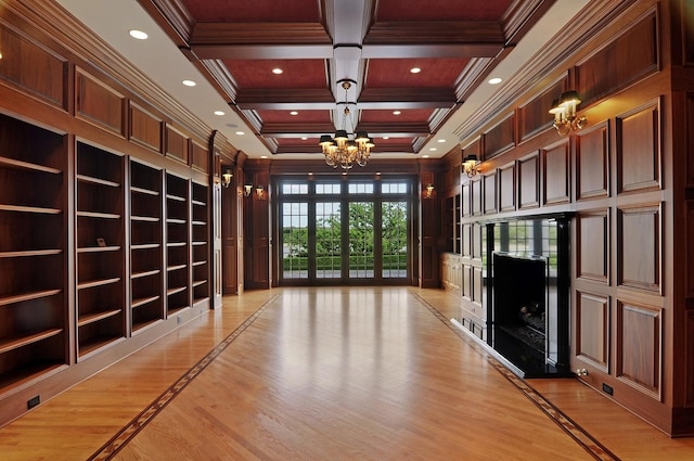 344 Old Sutton Rd, Barrington, IL 60010 - unfurnished living room with ornamental molding, coffered ceiling, a chandelier, beam ceiling, and recessed lighting