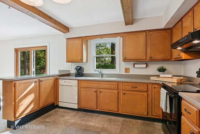 945 N Stark Dr, Palatine, IL 60074 - kitchen with white dishwasher, black electric range oven, a sink, beam ceiling, and under cabinet range hood