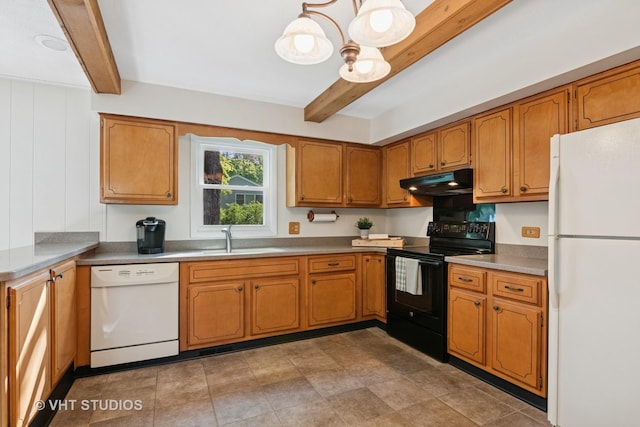 945 N Stark Dr, Palatine, IL 60074 - kitchen with white appliances, beam ceiling, under cabinet range hood, a sink, and a chandelier