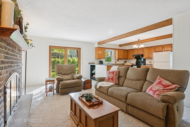945 N Stark Dr, Palatine, IL 60074 - living area featuring light colored carpet, a fireplace, beamed ceiling, and a chandelier