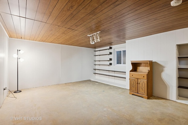 945 N Stark Dr, Palatine, IL 60074 - unfurnished living room with wood ceiling, concrete floors, and wooden walls