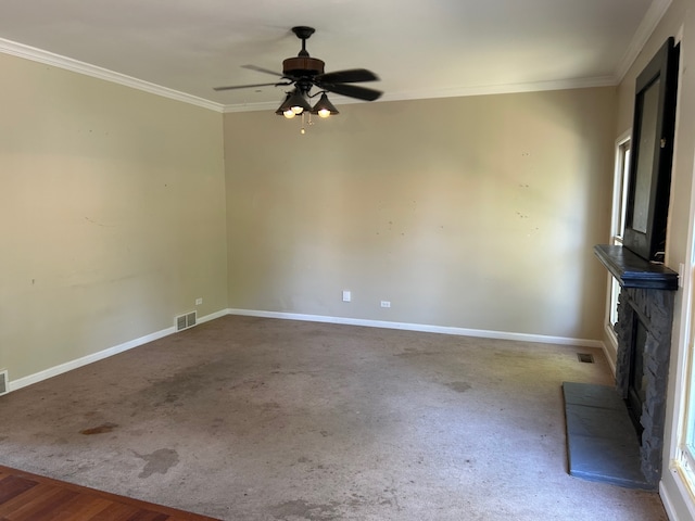 unfurnished living room featuring ornamental molding, ceiling fan, and hardwood / wood-style flooring