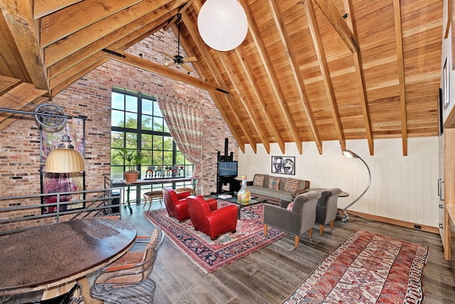 living room featuring wooden ceiling, beam ceiling, ceiling fan, and dark wood-type flooring