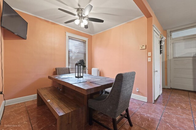 dining space featuring radiator heating unit, ceiling fan, and ornamental molding