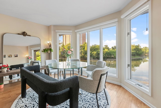 dining space featuring light hardwood / wood-style floors, a water view, and a wealth of natural light