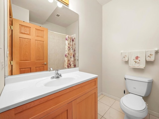 bathroom with tile patterned flooring, vanity, toilet, and a shower with shower curtain