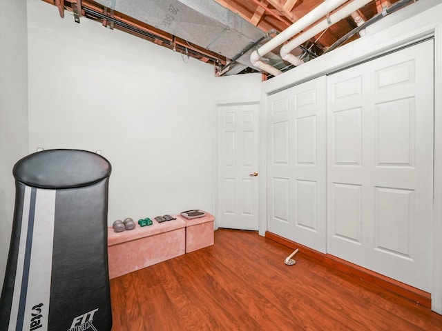 basement with wood-type flooring