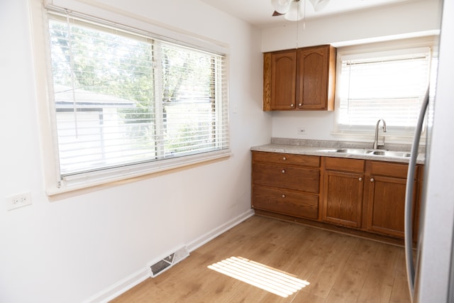 kitchen featuring light hardwood / wood-style flooring, sink, plenty of natural light, and white refrigerator