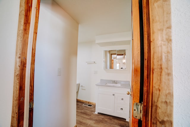 bathroom featuring vanity and hardwood / wood-style flooring