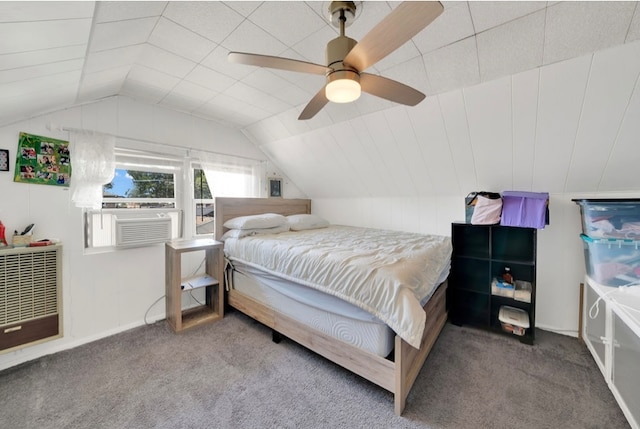 carpeted bedroom with ceiling fan, heating unit, and lofted ceiling