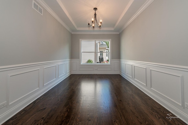 25W275 Doris Ave, Carol Stream, IL 60188 - unfurnished room featuring a chandelier, a tray ceiling, wainscoting, ornamental molding, and dark wood-style floors