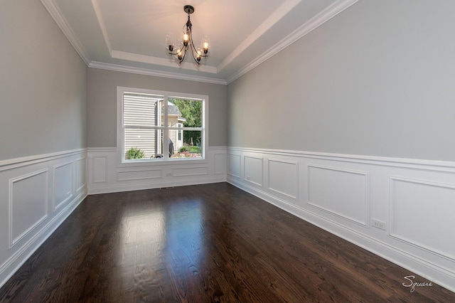 25W275 Doris Ave, Carol Stream, IL 60188 - spare room featuring a chandelier, a tray ceiling, wainscoting, dark wood-style flooring, and crown molding