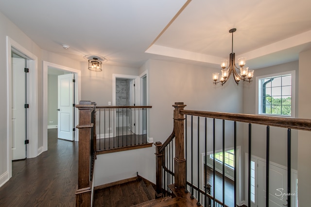 hall with an inviting chandelier, a raised ceiling, and dark wood-type flooring