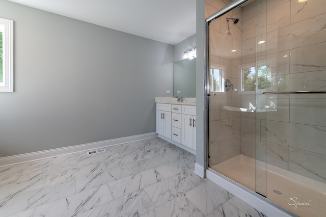 bathroom featuring vanity, plenty of natural light, and a shower with door