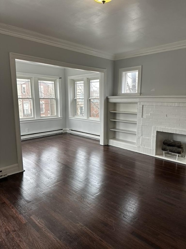 unfurnished living room with a fireplace, a healthy amount of sunlight, and a baseboard heating unit