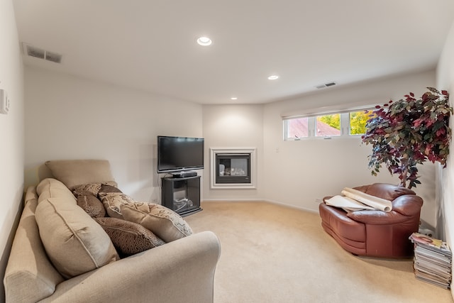 living room featuring light carpet