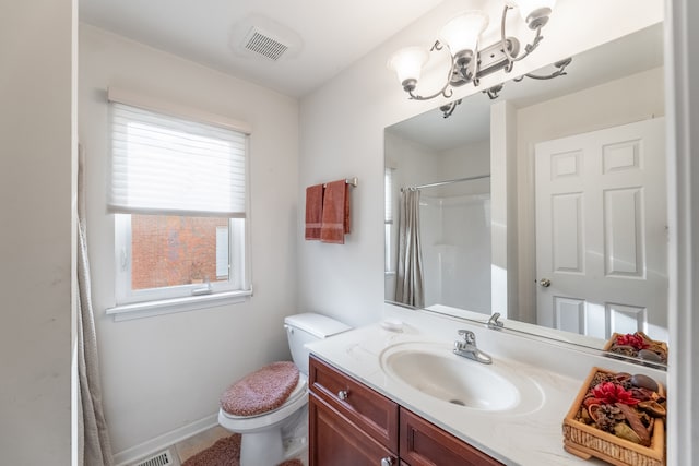 bathroom featuring vanity, a shower with shower curtain, toilet, and tile patterned flooring