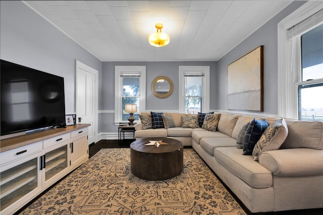 living room featuring dark wood-type flooring and a wealth of natural light