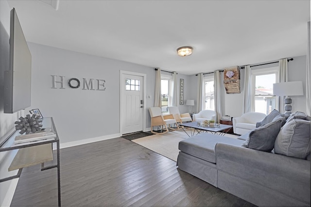 living room featuring dark wood-type flooring