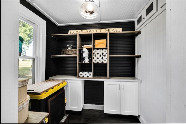 interior space with wood walls, dark hardwood / wood-style floors, and crown molding