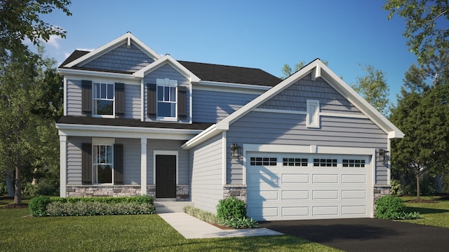 craftsman house with a front lawn, a porch, and a garage