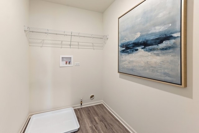 washroom with washer hookup, hardwood / wood-style flooring, and gas dryer hookup