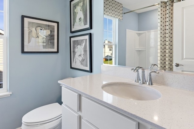 bathroom featuring a shower, vanity, and toilet