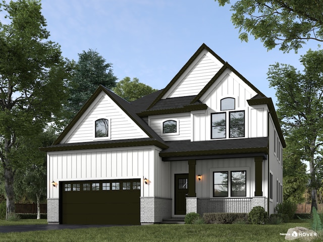 modern farmhouse featuring a porch, aphalt driveway, brick siding, a garage, and board and batten siding