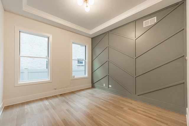 empty room with a raised ceiling and light wood-type flooring