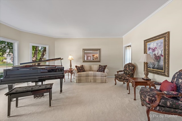 carpeted living room featuring ornamental molding