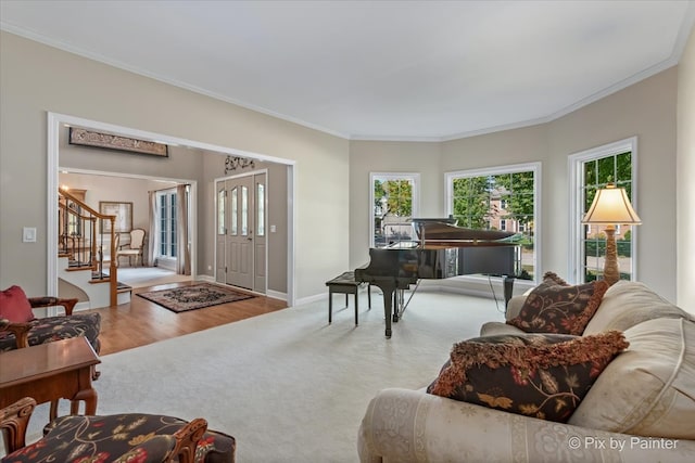 living room featuring hardwood / wood-style floors and ornamental molding