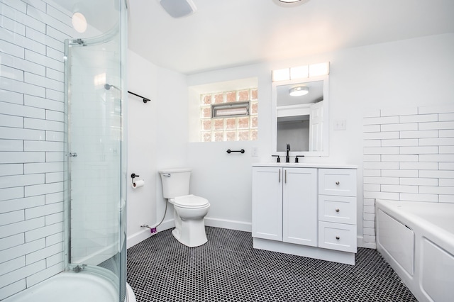 full bathroom with independent shower and bath, vanity, toilet, and tile patterned floors