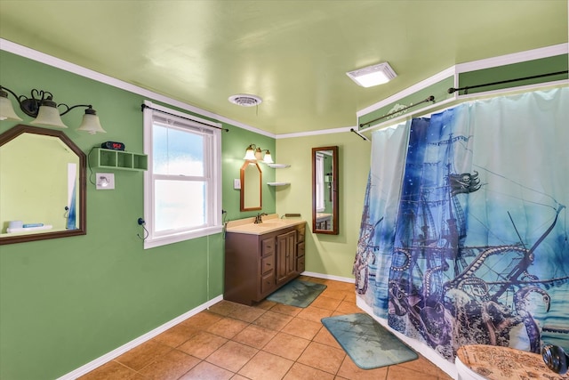 bathroom featuring vanity, crown molding, tile patterned floors, and curtained shower