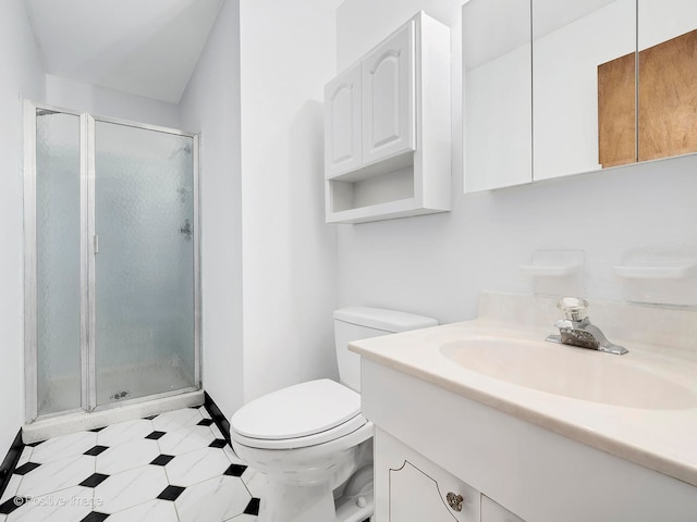 bathroom with vanity, toilet, and a shower with door