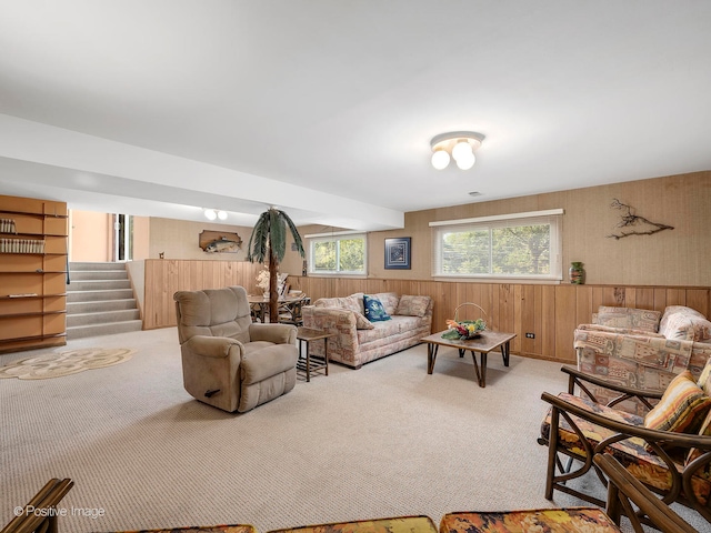 living room featuring light carpet