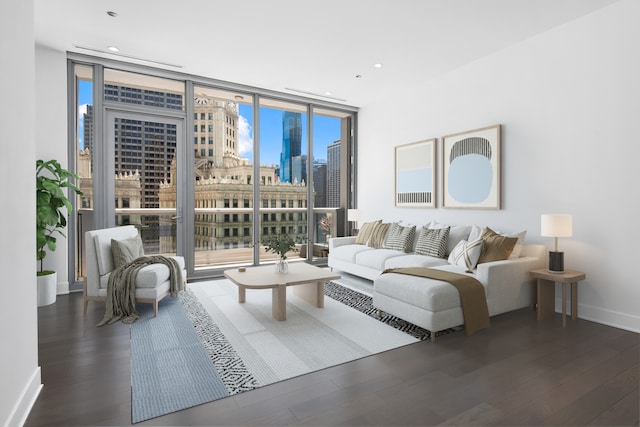 living room with a wall of windows and dark hardwood / wood-style floors