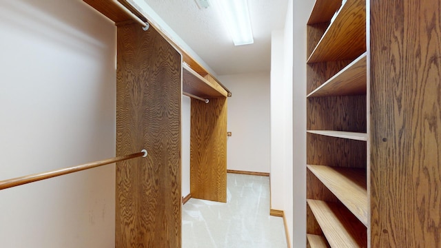 walk in closet featuring light colored carpet