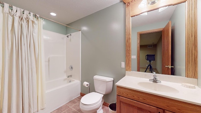 full bathroom featuring tile patterned floors, a textured ceiling, vanity, shower / bathtub combination with curtain, and toilet