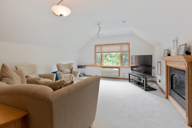 carpeted living room featuring a wall mounted air conditioner and vaulted ceiling