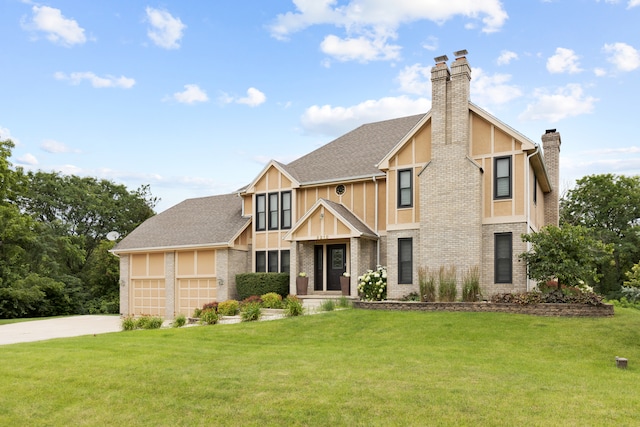 tudor home with a garage and a front lawn