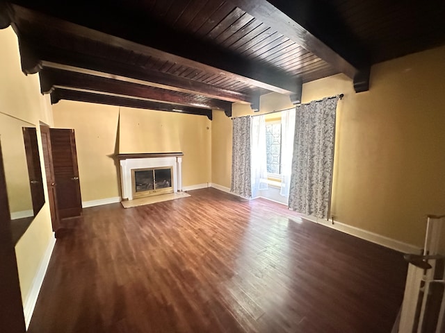 unfurnished living room with wood ceiling, beam ceiling, a premium fireplace, and dark hardwood / wood-style floors